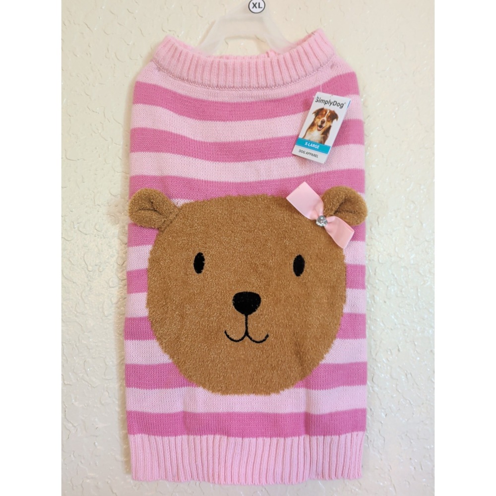 SimplyDog Pink Stripe Teddy Bear W/ Bow Dog Sweater XL Pet Apparel